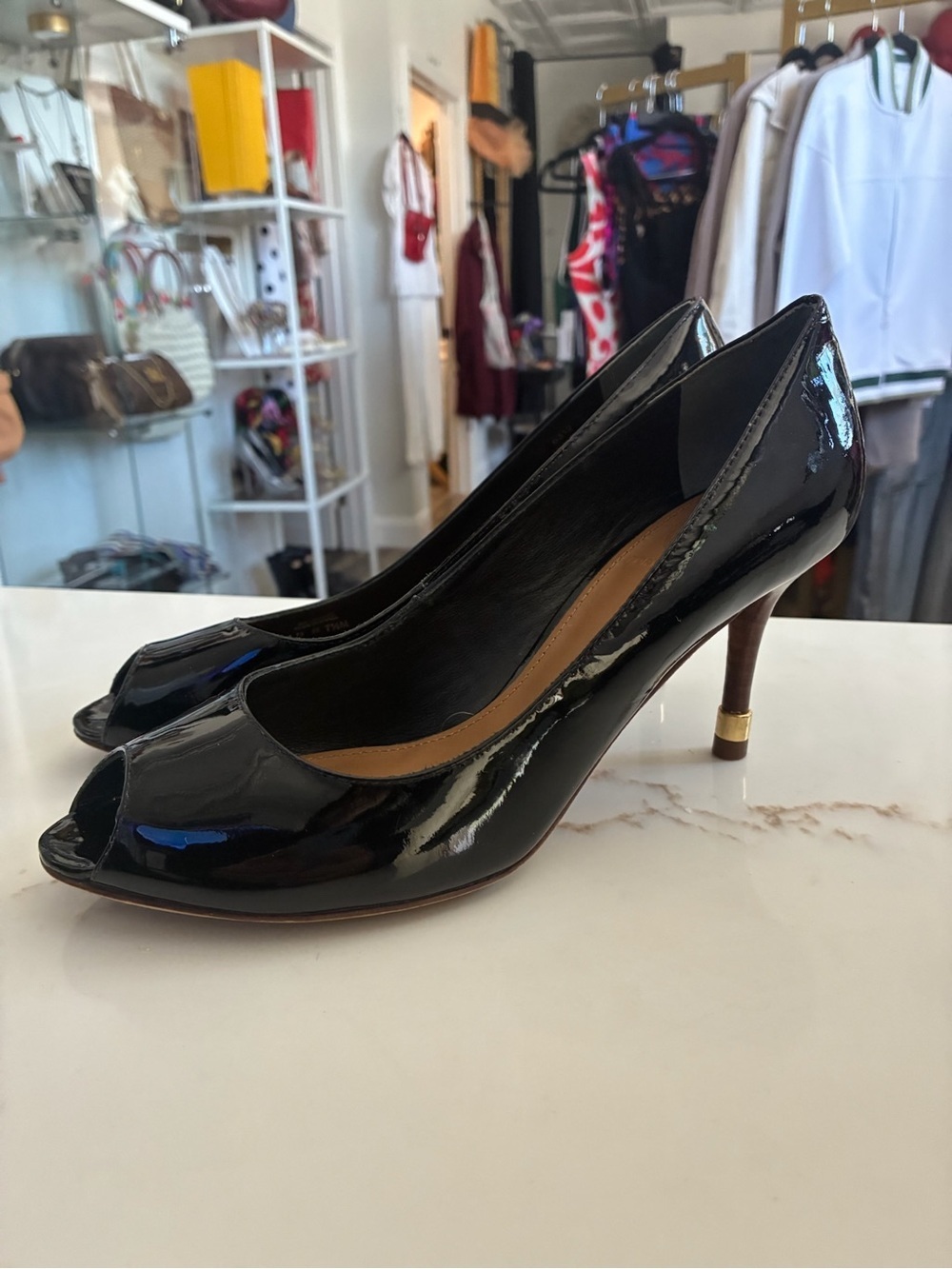 Tory Burch Classic Black Patent Peep-Toe Heels
